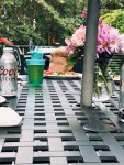 A Coors Light can and a blue toddler water bottle on a patio table at a BBQ, with flowers and a plate of food in the background