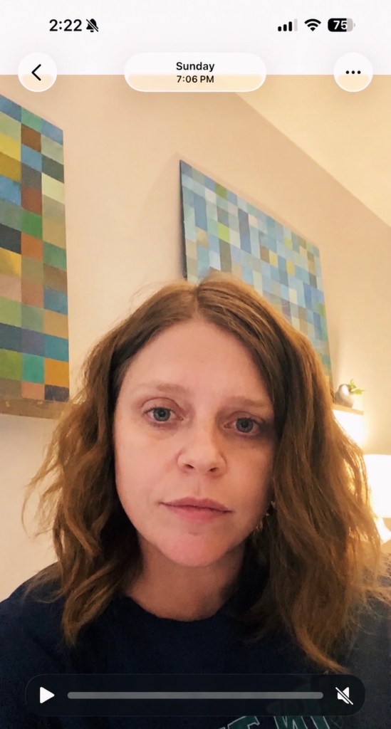 A selfie taken during a voice memo, no makeup, hair down, tired expression, with two abstract mosaic paintings visible on the wall behind